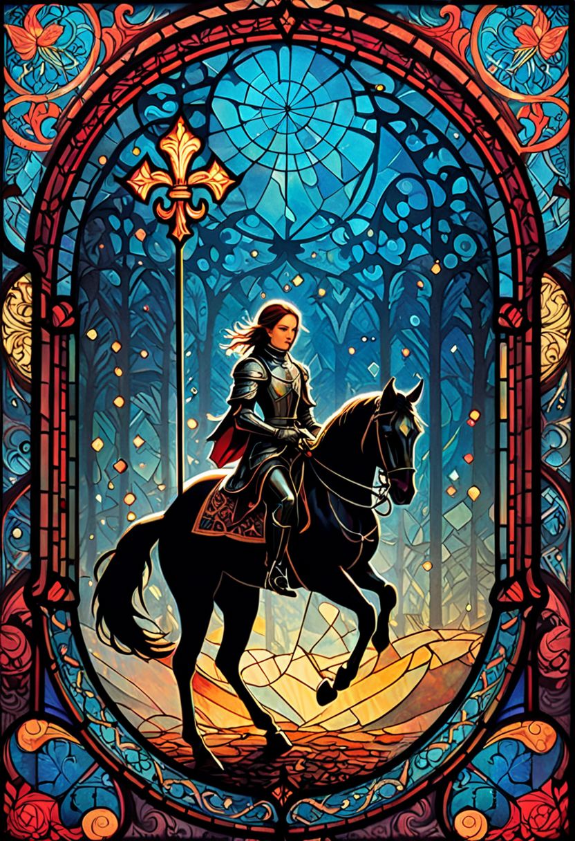 horsetrot (rubber stamp/postage stamp/woodblock print optical illusion holography  lines art illustration figures  fairytale double exposure. two parts in one art.  , fantasy, fairytale, silhouetted  modern dynamic poster, rich deep colors  comic style art on a cracked paper , fantasy,  close up filigree gracious  transparent  music, notes, music in the air,  silhouette close macro portrait, ,  night.  , dynamic pose, light on face, shadow play, perfect face, sharp  glowing eyes, by  James Jean, Craola, ,  Andy Kehoe, Dorian Vallejo,, Damian Lechoszest, Todd Lockwood, patchwork, stained glass,  storybook illustration, highly detailed unusual  beautiful details, intricated, intricated pose, tiny details masterpiece, high quality, intricated lighting, luminism, attention grabbing colors (masterclass) (female rider) Jeanne d'Arc, fleur-de-lis standard