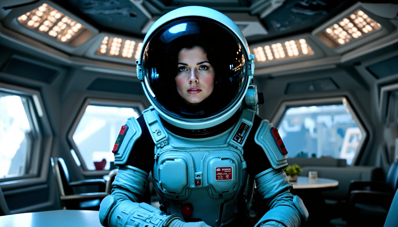 nostromo style,
woman wearing spacesuit, armor, spaceship interior, cafeteria, ceiling decoration, greebles, textured wall, wall pads, table, science fiction, horror,

extremely detailed:1.2, sharp:1.2, bold outlines,

sharp focus, detailed face, clear eyes, Detailed perfect hand