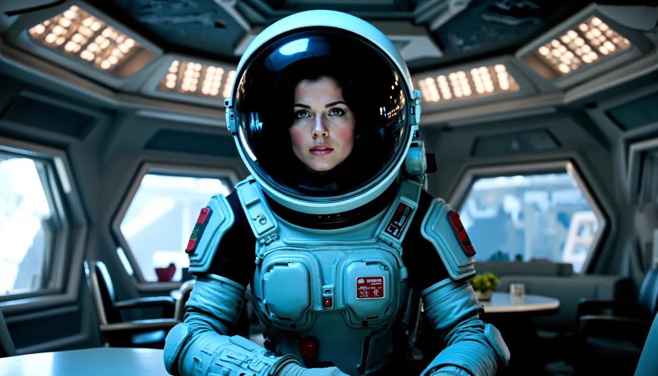 nostromo style,
woman wearing spacesuit, armor, spaceship interior, cafeteria, ceiling decoration, greebles, textured wall, wall pads, table, science fiction, horror,

extremely detailed:1.2, sharp:1.2, bold outlines,

sharp focus, detailed face, clear eyes, Detailed perfect hand