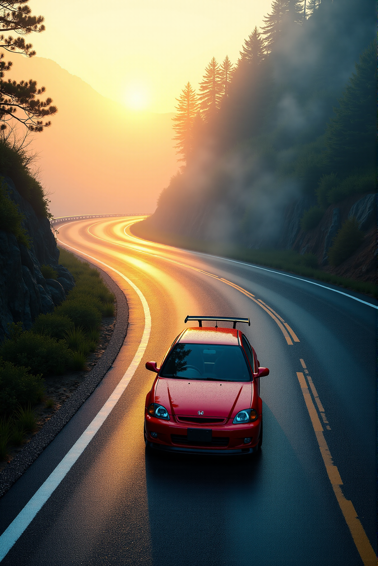 <lora:Honda_Civic_Type-R_EK9:1.0> Honda Civic Type-R EK9. 
Carving through a misty mountain pass at dawn, the (Honda Civic Type-R EK9 from '90) is seen from a high-tilted drone perspective as it exits a tunnel into golden morning light. Trails of fog cascade down the hills, swirling around the carâs bodywork, which gleams with dew-flecked clarity. The lighting blends cool ambient blues of the forest with the warm yellows of sunrise, bathing the entire scene in a natural bi-chromatic palette. The narrative conveys motion and solitude, with sweeping radial blur effects and soft depth-of-field focus that follows the car in crisp photorealistic precision. Tire marks curve behind it like brushstrokes in a sumi-e ink painting, merging Japanese tradition with modern speed.  (A mirror-like, ultra-gloss finish of the car produces vivid, sparkling glints of light across its surface:1.1).