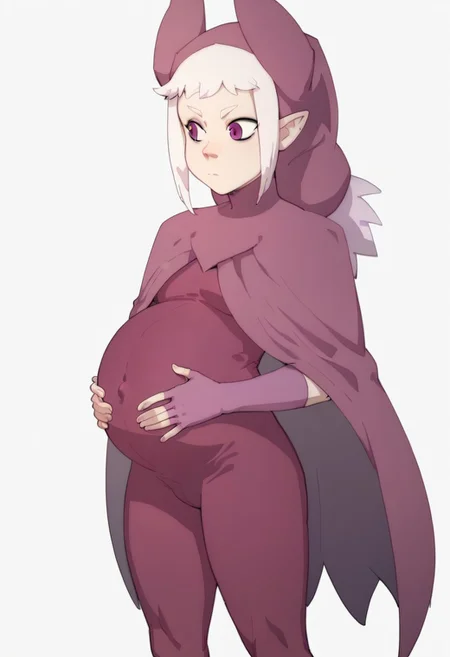 score_9, score_8_up, score_7_up, 1girl, solo, pregnant, norawakfu, white hair, purple eyes, hood, horns, hood, horns, cloak, fingerless elbow gloves, bodysuit, cape, standing, holding belly, covered belly, covered navel, white background,