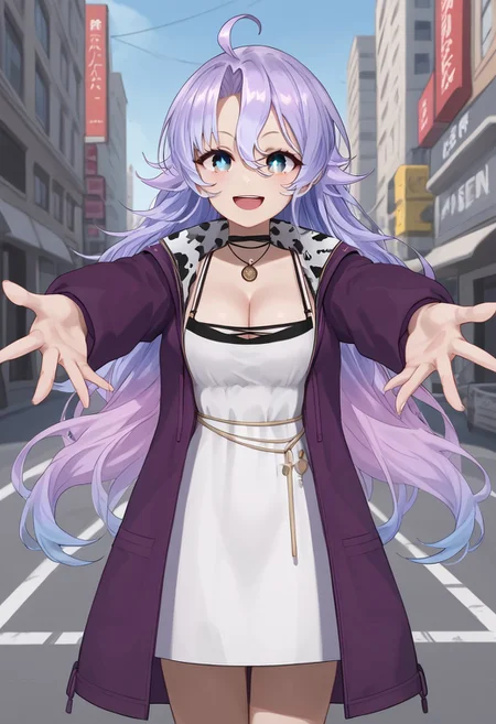 1girl, solo, Shisui_Michiru, long hair, blue eyes, parted bangs, hair between eyes, light purple hair, multicolored hair, gradient hair, purple jacket, long sleeves, cow print, cleavage, white dress, sleeves past wrists, city, street, reaching toward viewer, outstretched arms, open mouth, smile, ahoge
