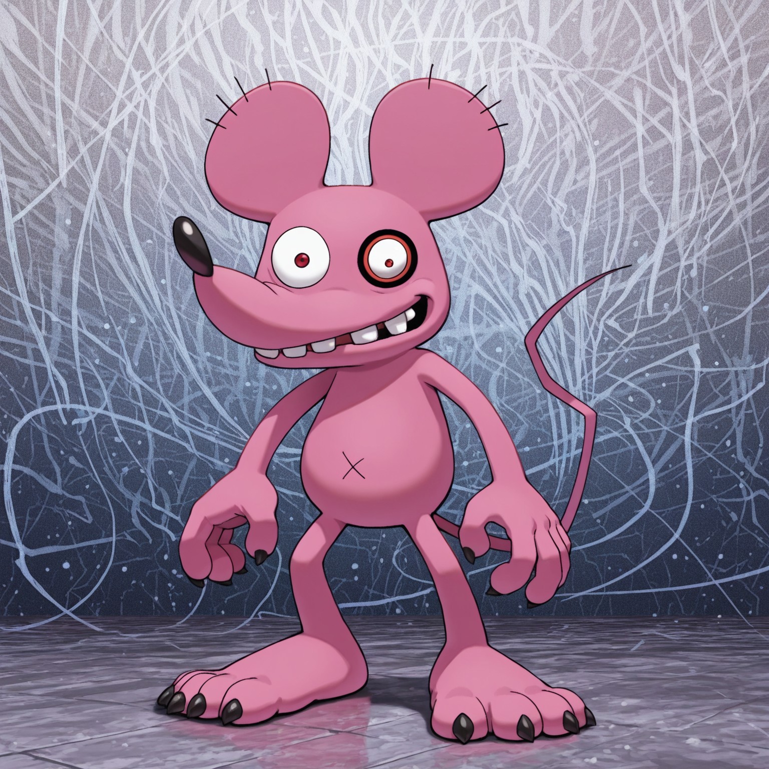 2d, Solo, Chuumon, Digimon (creature), rat, Pink fur, black nose, black eye, red eyes, black claws, toe claws, tail, teeth, 

BREAK standing, grinning, looking at viewer, full body, standing, abstract background

BREAK best quality, amazing quality, very aesthetic, absurdres, newest, masterpiece 