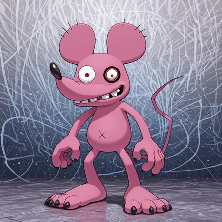 2d, Solo, Chuumon, Digimon (creature), rat, Pink fur, black nose, black eye, red eyes, black claws, toe claws, tail, teeth,
BREAK standing, grinning, looking at viewer, full body, standing, abstract background
BREAK best quality, amazing quality, very aesthetic, absurdres, newest, masterpiece