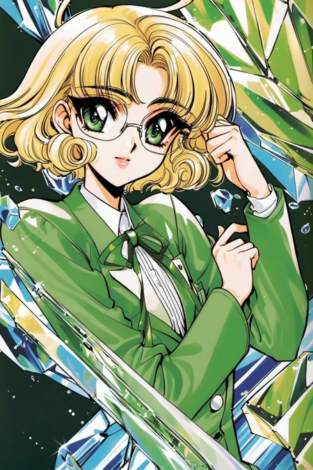 Hououji Fuu,1girl,solo,green theme,blonde hair,crystal,retro artstyle,1990s \(style\),glasses,<lora:Magic knight Rayearth_XL:0.8>,