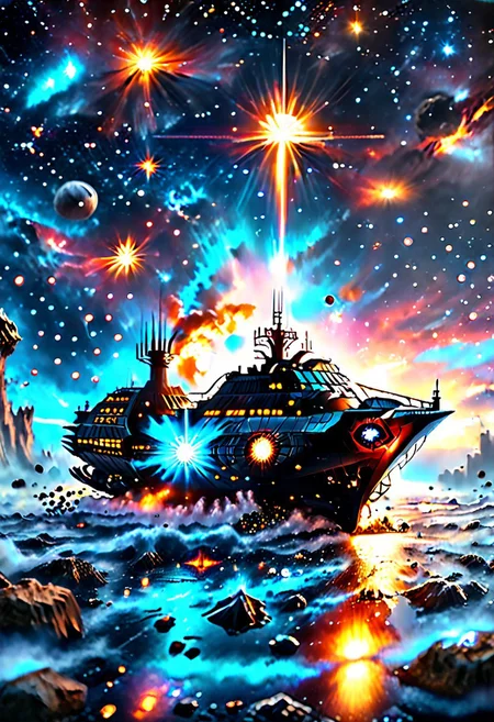 high quality, 8K Ultra HD, highly realistic, The great and sleek black ship is moving forward, blasting through space. It has powerful cannons facing forward that are unleashing powerful blue neutron beams upon an unseen foe. Embark on an enchanting 8K photorealistic journey as a magnificent starship blasts through a star system. The ship gracefully flies among other ships. The starship's design boasts advanced technological elements. The camera captures every minute detail, by VelvetS, octane render,from slightly to the side. perfectly symmetrical ship. Weapons fire blue energy beams,
<lora:DonM3t3rn1tyXL-v1.1:0.7>, DonM3t3rn1tyXL,
OverallDetailXL <lora:MJ52:0.3> <lora:SDXLFaeTastic2400:0.4>