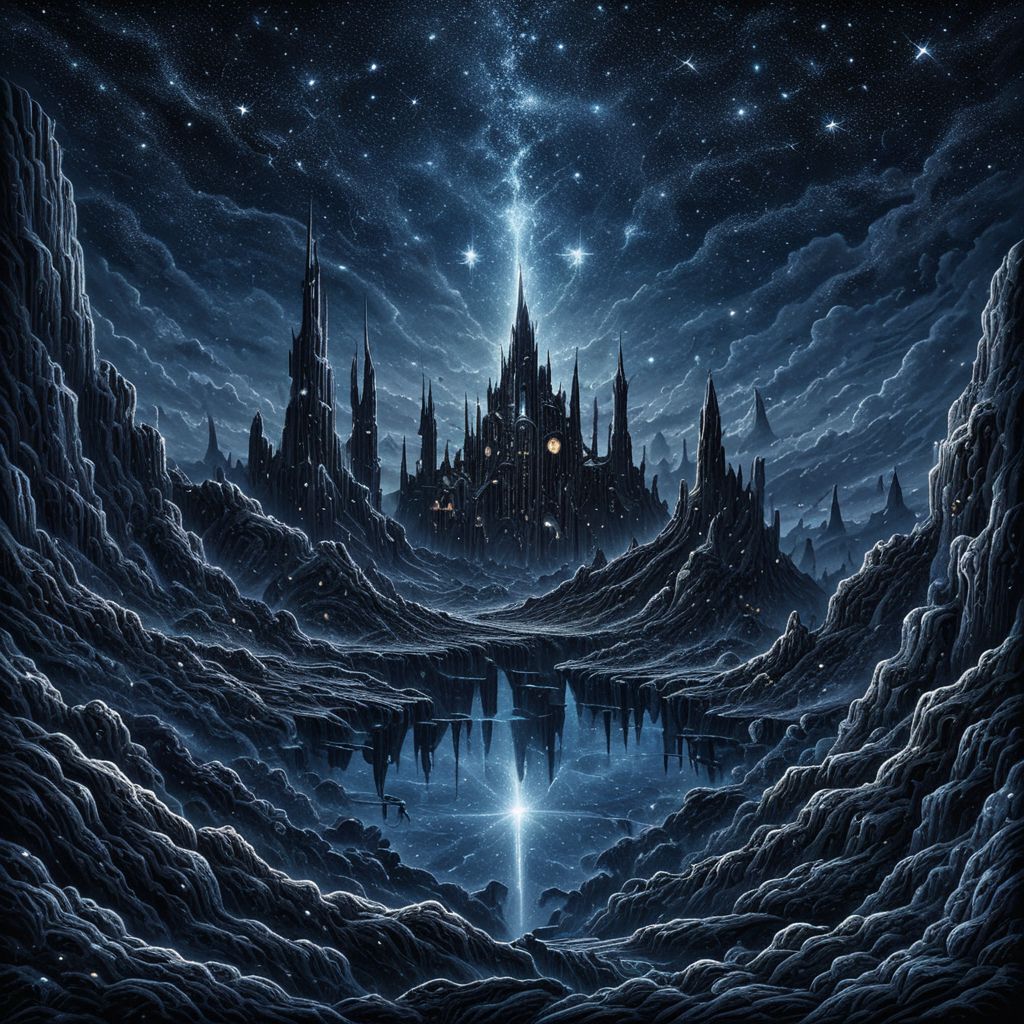 lumenarium, mythical nightscape, dark fantasy,   realism, starry sky,