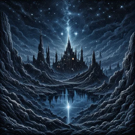 lumenarium, mythical nightscape, dark fantasy, realism, starry sky,