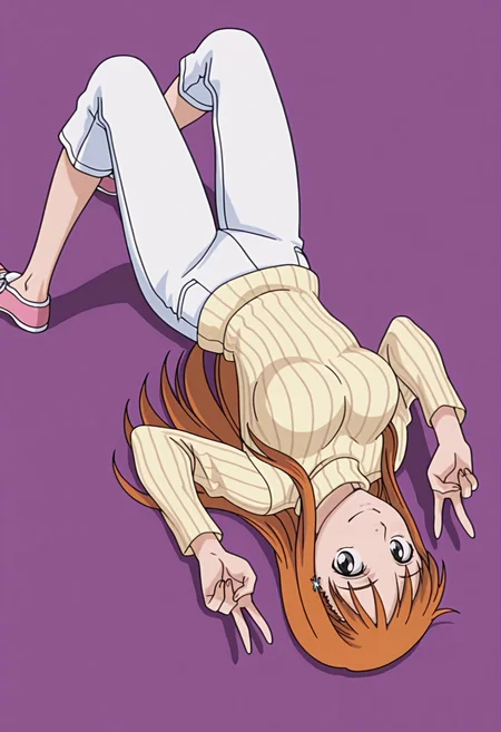 masterpiece, best quality, amazing quality, anime screencap, anime coloring, 1girl, solo, <lora:DX888Orihime:1> inoue orihime, grey eyes, orange hair, long hair,
hairclip, turtleneck sweater, ribbed sweater, capri pants, white pants BREAK purple background, rainbow background, (simple background:1.2) BREAK (dynamic pose:1.2), smile, blsuh, v, lying, on back, from above, from side,