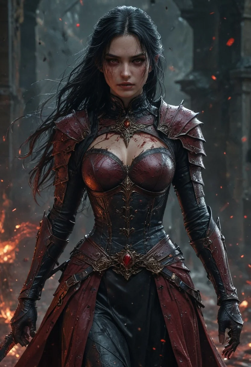 Masterpiece, dgtaaa, extreme close-up of Calista, The Queen of Blood, her face flushed with ecstasy as she raises her blood-soaked sword, drenched in the thrill of the slaughter,
Her eyes are wide, glowing with a dangerous hunger, her lips stained with crimson as she grins in delight at the chaos she's caused,
Iconic details include her elegant black and crimson attire, soaked in blood, her long raven hair cascading wildly around her shoulders,
The setting is a bloodstained battlefield, the crimson mist of battle hanging thick in the air as she stands victorious, her body trembling with satisfaction from the power she wields.