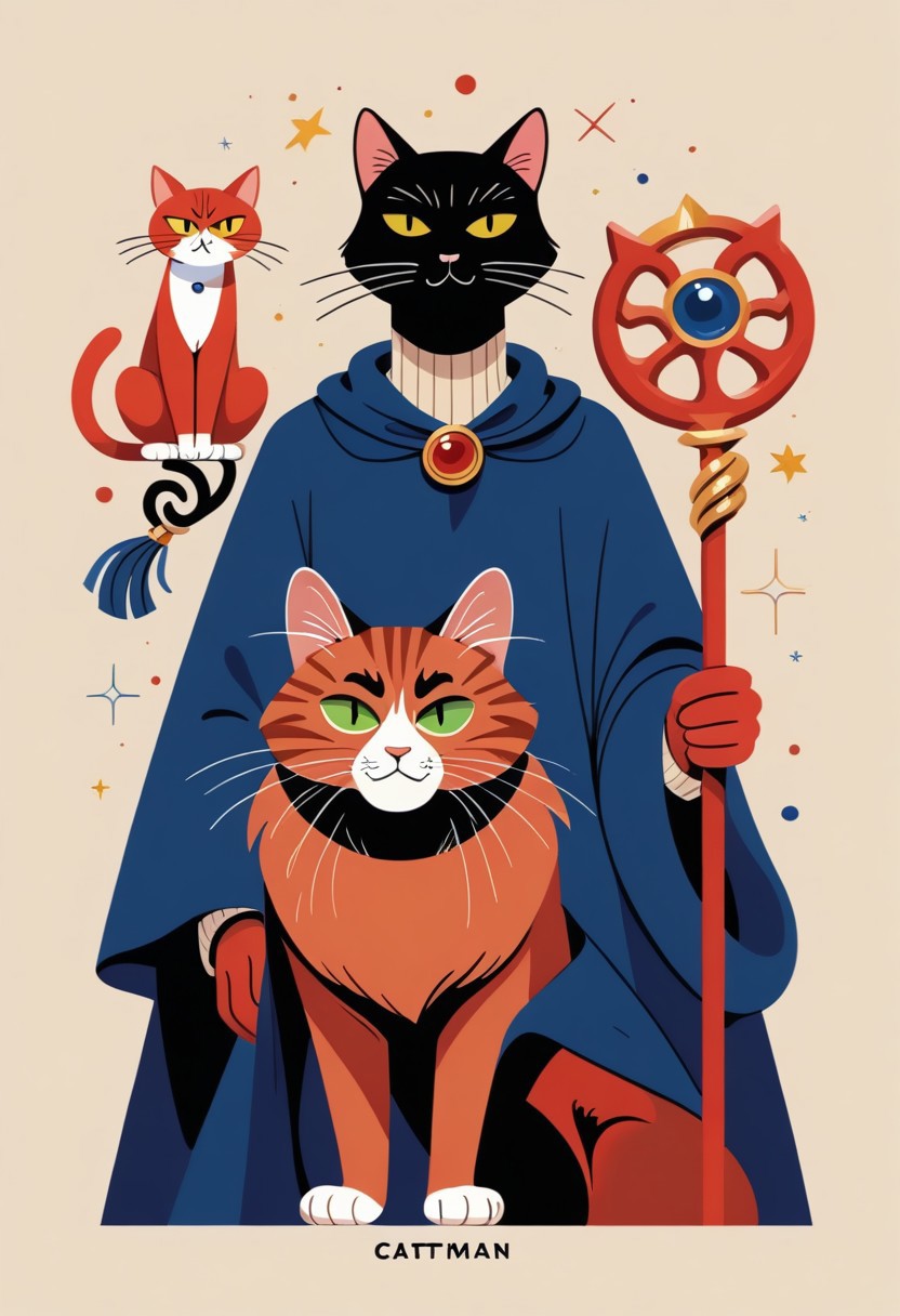 score_9, score_8_up, score_7_up, solo, easynegative, catman, staff, memphis corporate design, flat art, flat coloring, simple, vector art, corporate art, cel shading, cel shaded, Vector Cartoon Illustration, cat, catman, man with cat head, red furr cat, red furr, dark blue mantle, beige backgound,