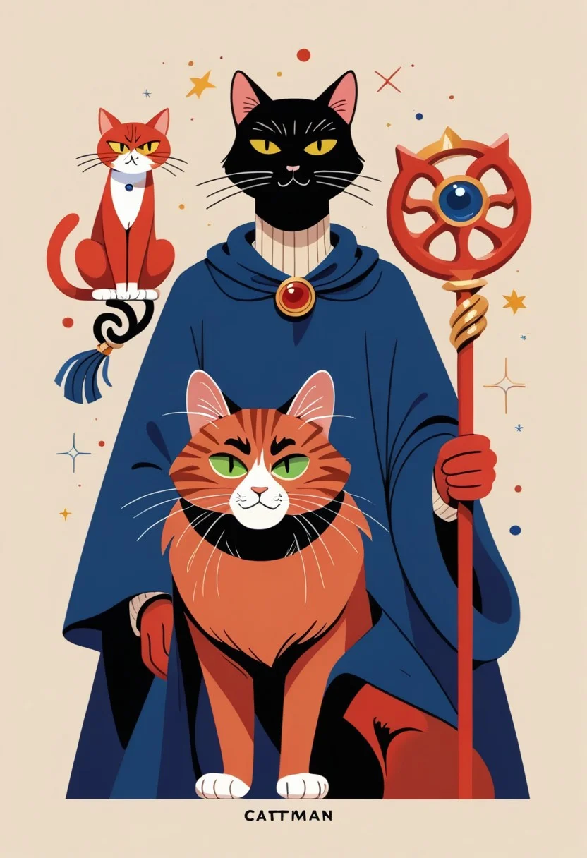 score_9, score_8_up, score_7_up, solo, easynegative, catman, staff, memphis corporate design, flat art, flat coloring, simple, vector art, corporate art, cel shading, cel shaded, Vector Cartoon Illustration, cat, catman, man with cat head, red furr cat, red furr, dark blue mantle, beige backgound,