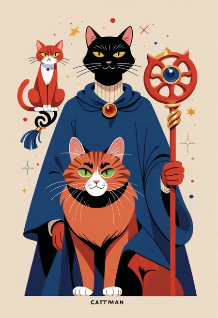 score_9, score_8_up, score_7_up, solo, easynegative, catman, staff, memphis corporate design, flat art, flat coloring, simple, vector art, corporate art, cel shading, cel shaded, Vector Cartoon Illustration, cat, catman, man with cat head, red furr cat, red furr, dark blue mantle, beige backgound,