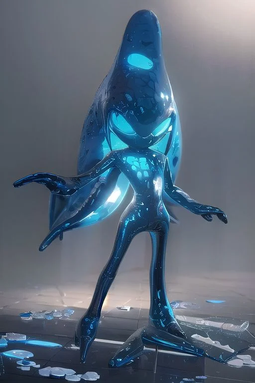 Tall, High quality, nonblurry, female focus, Ultra HD, HDR, 4K, hyperdetailed, smooth lighting, solo, (fully clothed, masterpiece, epic lighting, good shading, studio quality), (Chaos, blue water body, lime eyes, no pupils, pink brain, transparent), ((epic lighting)), best_quality, perfect, cinematic lighting, highest quality, intricate details, hdr, cinematic, intense,