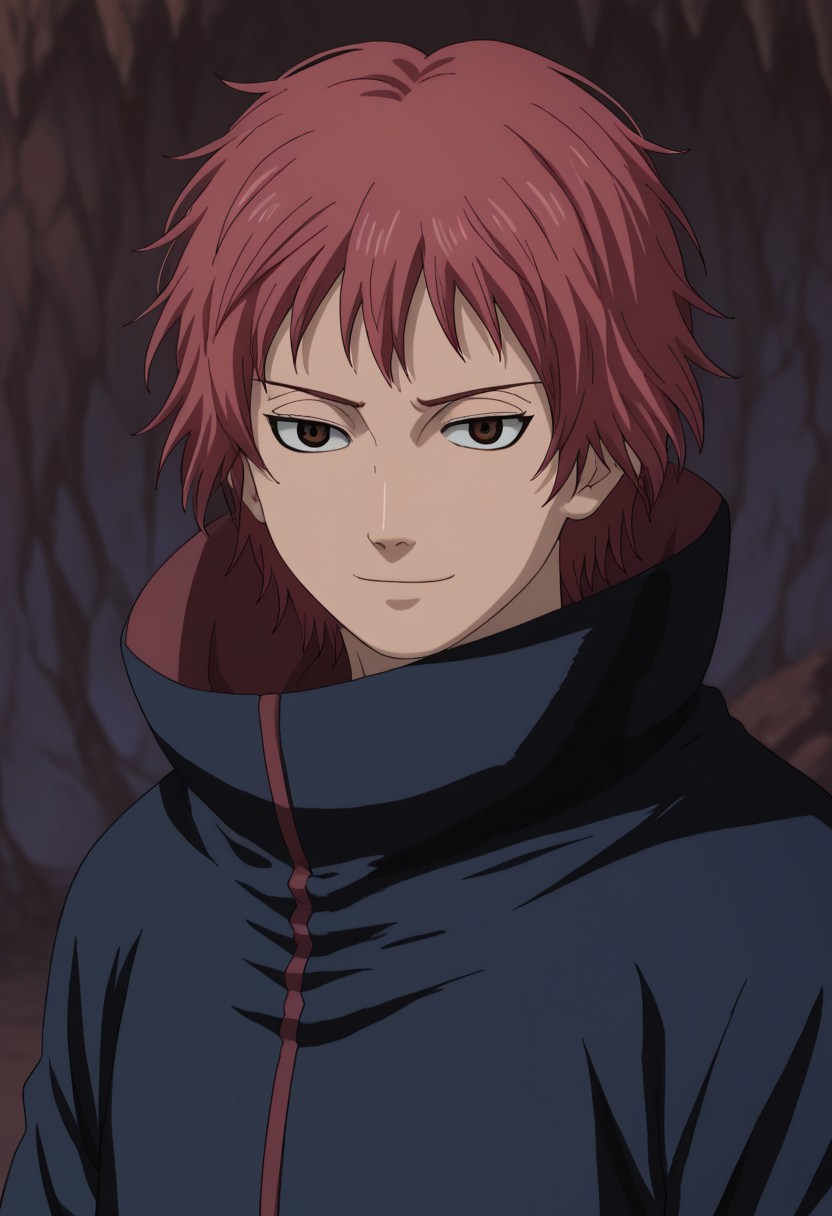 score_9, score_7_up, source_anime, 
sasori, 1boy, male focus, solo, brown eyes, red hair, robe, black robe, high collar, smirk, portrait,
indoor, cave, shadows,