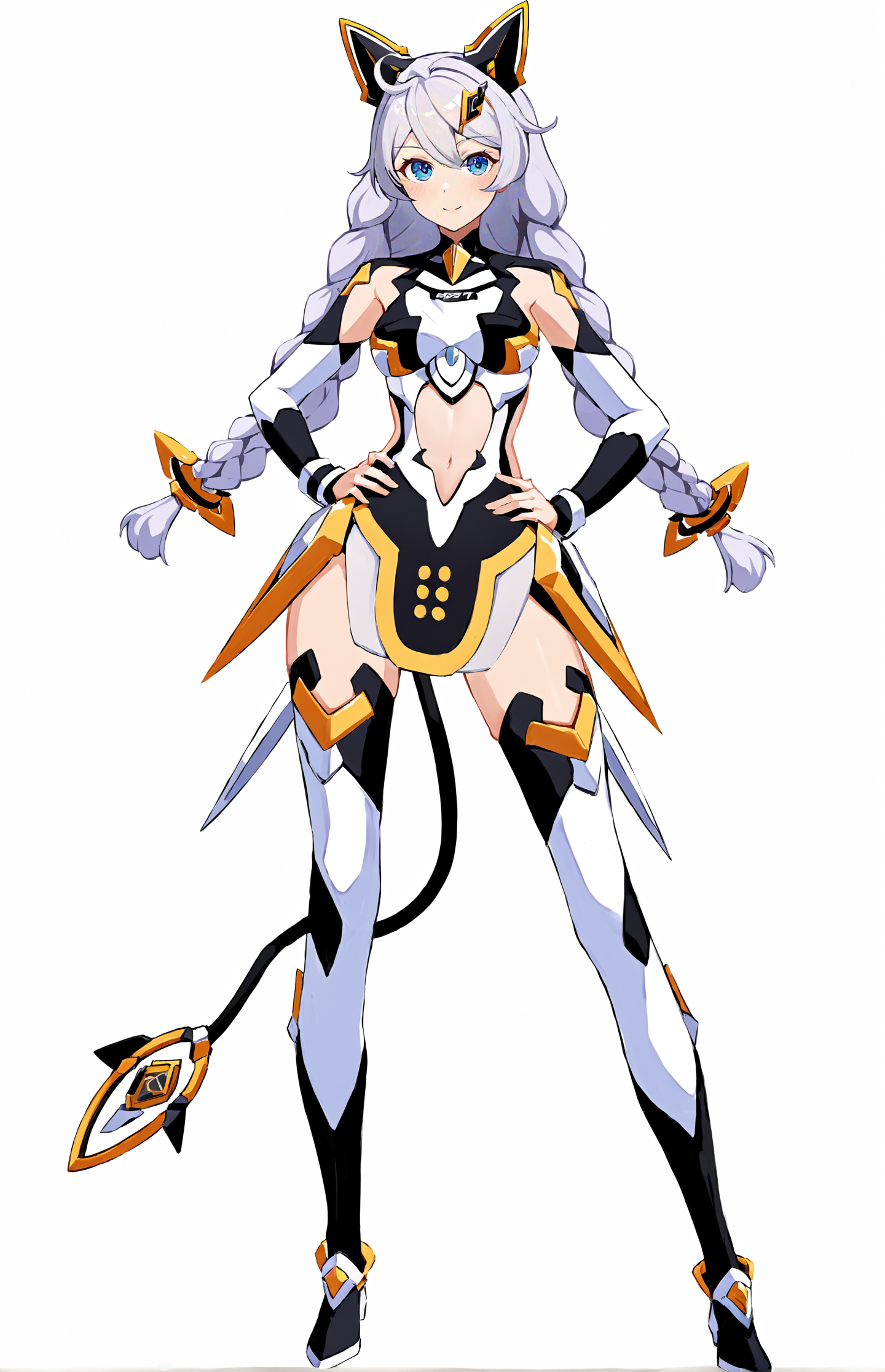 score_9, score_8_up, score_7_up, score_6_up, 8k, best quality, masterpiece, (ultra-detailed:1.1), (high detailed skin), 
(full body), (white background:1.1), standing, looking at viewer, (solo), hand on hip, 
<lora:kiana-young-kohaku-Tanger-000011:0.8>, kiana kaslana, mooncat, 12th clothes, 1girl, blue eyes, braid, thighhighs, long hair, twin braids, tail, boots, hair ornament, (energy wings:0.5), 
(beautiful_face), ((intricate_detail)), clear face, 
((finely_detailed)), fine_fabric_emphasis, 
((glossy)), full_shot,