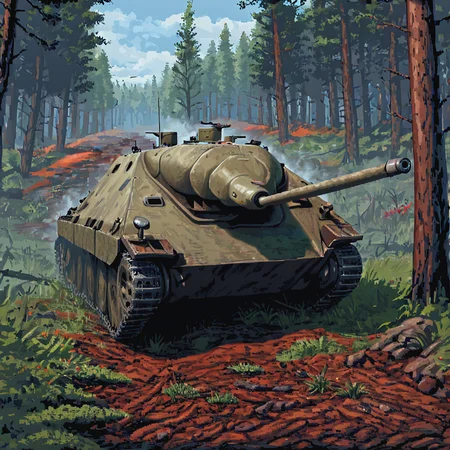 A htztnk tank destroyer camouflaged with foliage, lying in ambush in the dense forests of the Ardennes during the Battle of the Bulge. Snow blankets the ground, and the low profile of the Hetzer blends seamlessly into the winter landscape, waiting for the approach of Allied tanks  ((pulp_comic, heavy_lines, hand_drawn, hand_inked, hand_colored, perfect_face, apxlz))