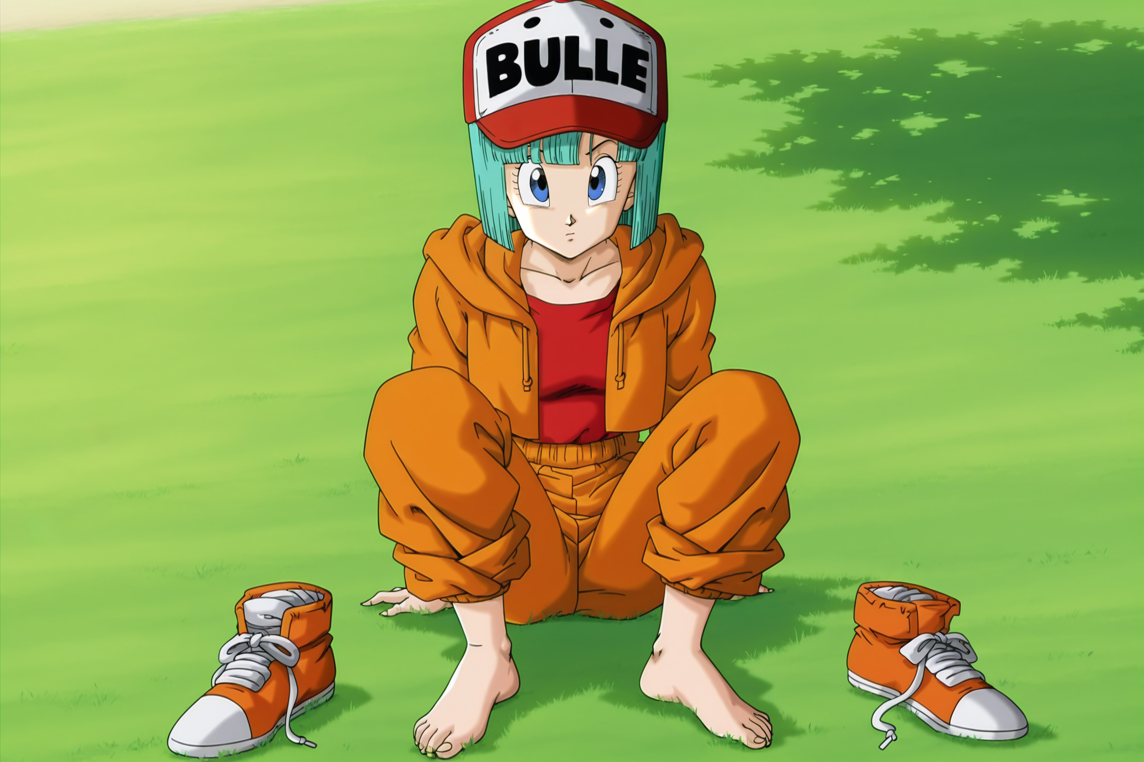 anime screencap, absurdres, high quality, official style, 
bulma, (DBZ), android saga, short hair, bangs, bob cut, blue eyes, aqua hair,
orange jumpsuit outfit, orange hoodie, orange legwear, pants rolled up, barefoot, english text, baseball cap, red headwear, collarbone, hood down, open hoodie, orange sweatpants, red shirt, shirt tucked in, print headwear,
sitting on grass, knees to chest, unworn sneakers, day, outdoors, nature, dappled sunlight, looking at viewer, 
 <lora:Bulma_IL:0.8>