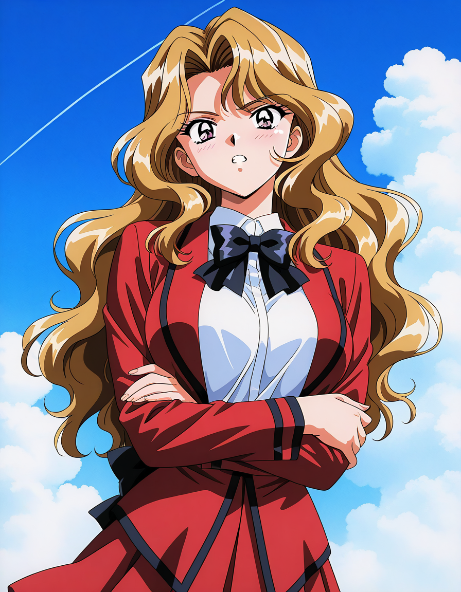 general,highres, ultra-detailed,very aesthetic,best quality ,best hands,  BREAK <lora:Shindou_Reiko_Anime_IS:1>Shindou_Reiko(Anime_Ver), 1girl, solo, long hair, blonde hair, purple eyes, school uniform, red jacket, black bow, wavy hair, large breasts,  red skirt, skirt, 1990s \(style\),anime coloring, doyagao, teeth,
crossed arms,  bow, looking at viewer,  jacket, bowtie, red jacket, black bow, long sleeves, shirt,
sky, cloud,