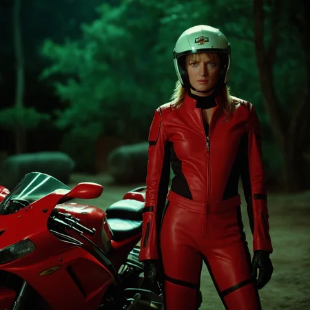 cinematic film still of  <lora:Kill Bill style:1>
Cinematic film image of a person in a red suit and helmet standing next to a motorcycle,1girl,solo,gloves,standing,blurry,bodysuit,helmet,ground vehicle,motor vehicle,jumpsuit,red bodysuit , Kodak film grain, dramatic light, dramatic shadow light, contrast, saturated color, cinematic, filmic, motion picture, realistic, realism, perfection, perfect, deep focus, clean image, Kill Bill style, Kill Bill Film Style, shallow depth of field, vignette, highly detailed, high budget, bokeh, cinemascope, moody, epic, gorgeous, film grain, grainy