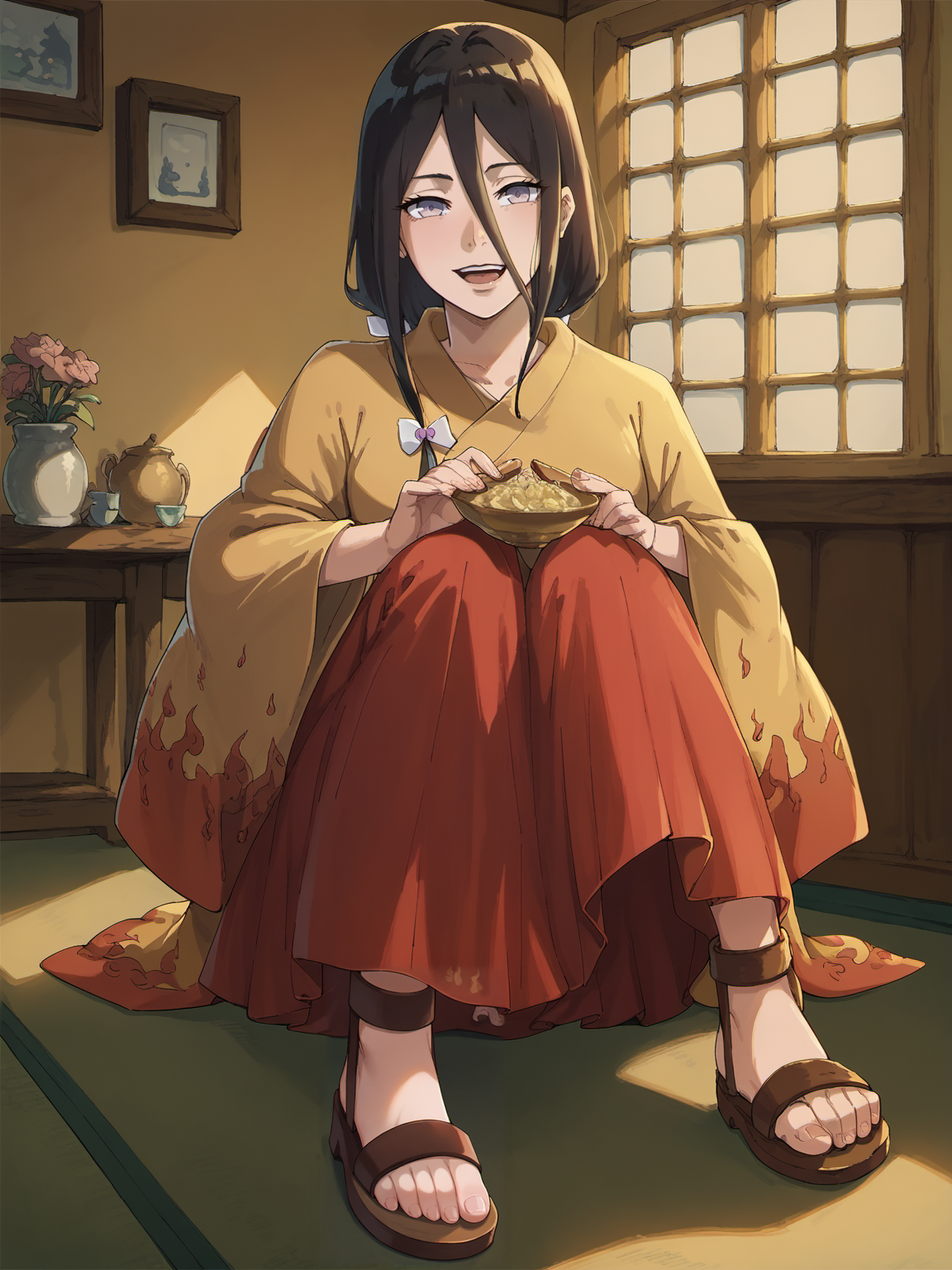erfect Hands,Perfect feet, score_9, score_8_up, score_7_up, score_6_up,  score_anime,1girl,<lora:hyuuga_hanabi2:1>, hyuuga hanabi,indoors, hyuuga hanabi's fire pattern kimono \(kimono\),sandals,looking at viewer,   <lora:Smooth_Anime_2_Style_SDXL_LoRA_Pony_Diffusion_V6_XL:0.8>,<lora:Perfect Hands:0.8>