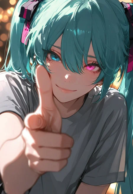 1girl, solo, hatsune miku, turquoise hair, twintails, hair ribbon, forehead bangs, hair between eyes, heterochromia, detailed eyes, blue eyes, pink eye,
grey t-shirt, short sleeves, loose shirt,
pointing, hand focus, forced perspective, hand gesture, dynamic pose, hand close-up, finger gun, in your face pose, playful pose,
focused expression, intense stare, slight smile, dramatic perspective, meme style, soft lighting, blurred background, bokeh, depth of field, focused foreground,
masterpiece,best quality,amazing quality,very aesthetic,absurdres,newest, anime coloring, flat color