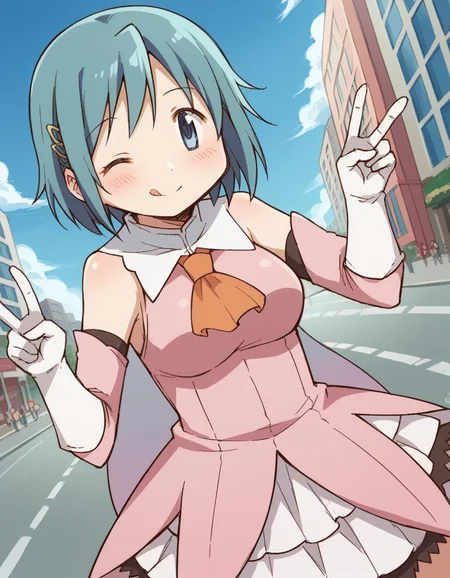 score_9, score_8_up, score_7_up, source_anime, <lora:sayaka-miki-s1-ponyxl-lora-nochekaiser:1>, sayaka miki, short hair, blue eyes, hair ornament, blue hair, hairclip, medium breasts,, <lora:prisma-illya-cosplay-ponyxl-lora-nochekaiser:1>, prismaillyacosplay, prisma illya (cosplay), dress, elbow gloves, feather hair ornament, feathers, frilled dress, frills, gloves, hair ornament, layered gloves, magical girl, orange ascot, pink dress, pink feathers, pink gloves, pink sleeves, white gloves,, cityscape, street, smile, blush, v, v over eye, one eye closed, tongue out, , dutch angle, cowboy shot