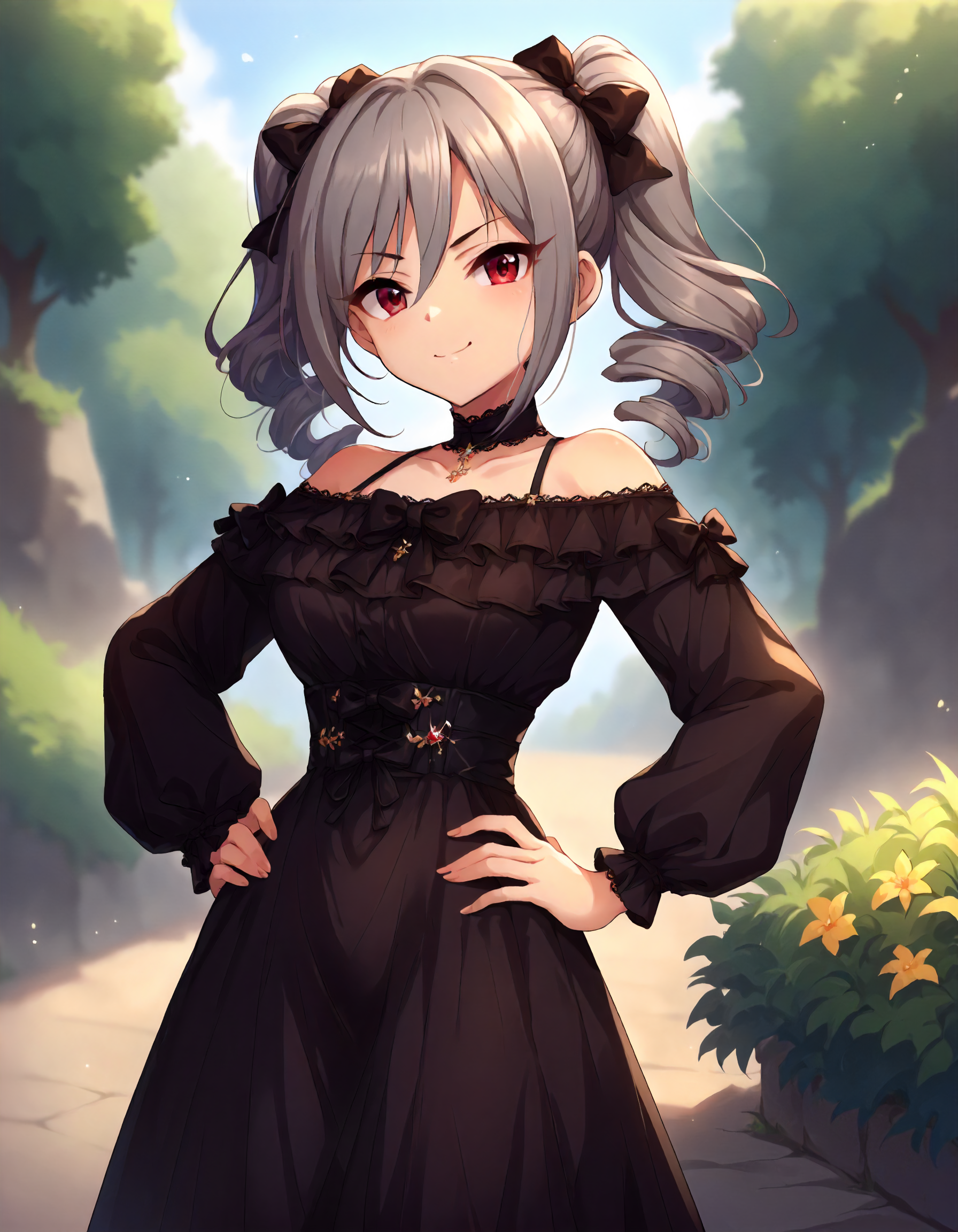 score_9,score_8_up,score_7_up,1girl,solo,cowboy shot,looking at viewer,smirk,closed mouth,hands on hips,outdoors,
<lora:kanzakiranko_ponyXLV6:0.8>,cgkrk,
grey hair,twin drills,hair between eyes,red eyes,
black bow,black dress,off shoulder,frills,puffy sleeves