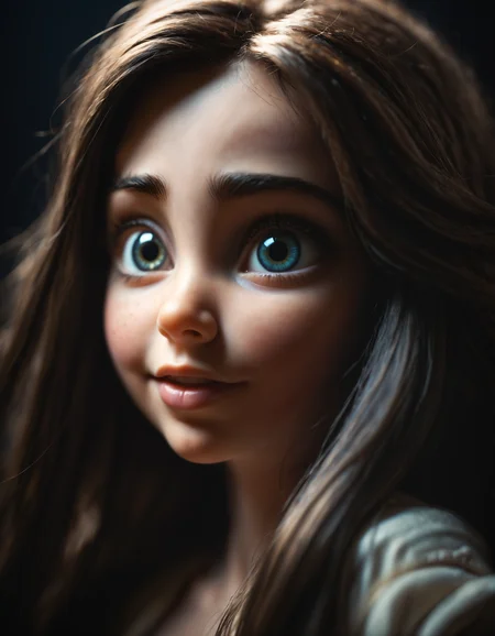 dark macro photo of face of Rapunzel with extremely long hair, glowing eyes, detailed iris, detailed eyes, bright pupils, looking down, low camera angle, clenched teeth, crazy smile, chiaroscuro, dark, worm's eye view, 35mm cinematic, atmospheric lighting, high detail,