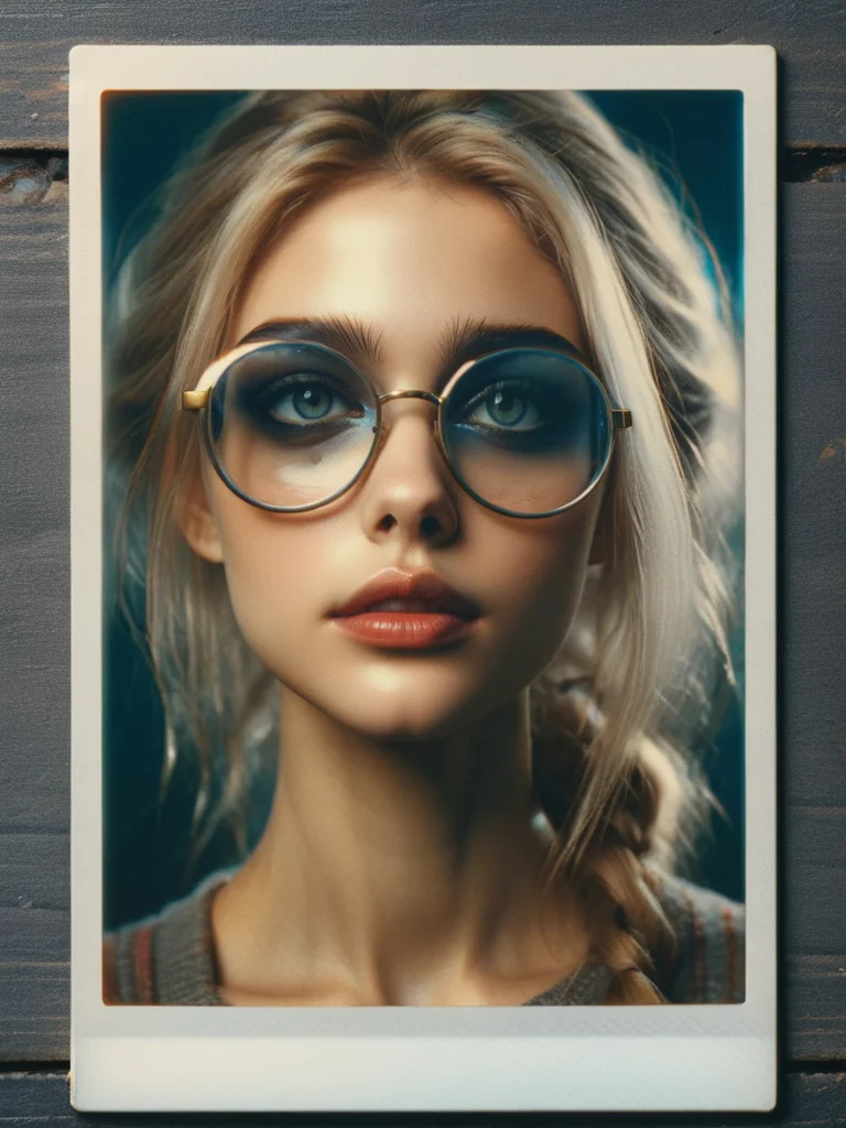 designed by greg manchess, close Portrait of a german woman with long blonde hair, bright eyes, matte lips, futuristic, gold glasses, trending on art station, photoreal, 8 k, octane render by greg rutkowski, art by Carne Griffiths and Wadim Kashin ,in the style of Dau-al-Set, Pollock, and inspired by MAPPA and Zdzislaw Beksinski <lora:ral-polaroid:1> ral-polaroid