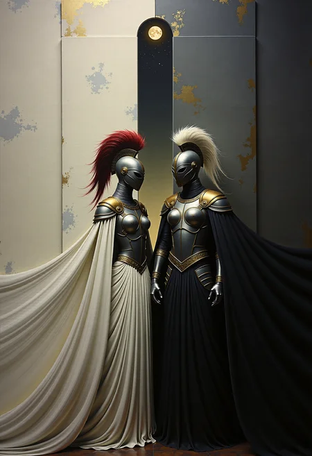 0n1r1c, Create a dramatic impasto painting with drips and painterly smudges of two majestic warriors, inspired by Achilles, the central character in Homer's Iliad, wearing futuristic, metallic full-body armor with a complex, segmented design.
The painting is divided vertically into three sections.
The left section, only white, is dominate from Aphrodite, her
warrior's helmet should have a striking red horsehair crest.
The background of this left section is a light white.
The middle section, only light gray, showcases a high, arched window below the upper edge of the painting, through which the moon shines.
The background of this middle section is a light gray.
The right section, only dark gray, is dominate from Athene, her warrior's helmet should have a striking white horsehair crest.
The background of this right section is a dark gray.
Both helmets reminiscent of ancient Greek soldiers.
Both armors should have multiple plates and reinforcements, covering the entire body and combining both ancient and modern aesthetics.
The shoulder plates and bracers of both armors should feature additional plating with gold accents. Both warriors should wear long, flowing black capes, adding a touch of royalty. Their overall appearance should exude strength, nobility, and a harmonious blend of the antique and the modern. Set the scene in a dark, grand hall with high, arched windows in the background. The painting should emphasize a combination of ancient grandeur and a futuristic, modern, and abstract style, with dramatic lighting features in a monochromatic scheme, primarily in shades of black, white, and gray.