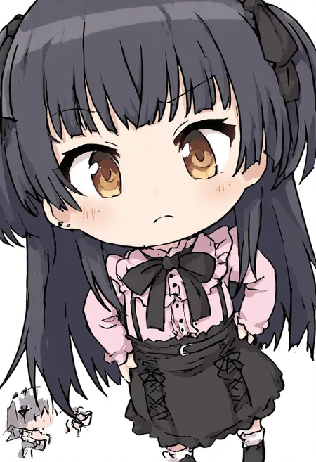score_4,score_5,score_6,score_7_up,score_8_up,score_9 ((masterpiece,best quality,ultra detailed,highres,HD,4k:1.2)), 
1 girl,solo,face focus,
chibi,full body,deformed,| |,
fuyuko mayuzumi, black hair, brown eyes, long hair, two side up,
black bow, black bowtie, black ribbon, black skirt, bow, bowtie, frilled shirt, frills, jirai kei, long sleeves, neck ribbon, pink shirt, ribbon, shirt, skirt, white shirt,
hands on hip,
looking at viewer,from front,front view,front angle,
frown,blush,closed mouth,