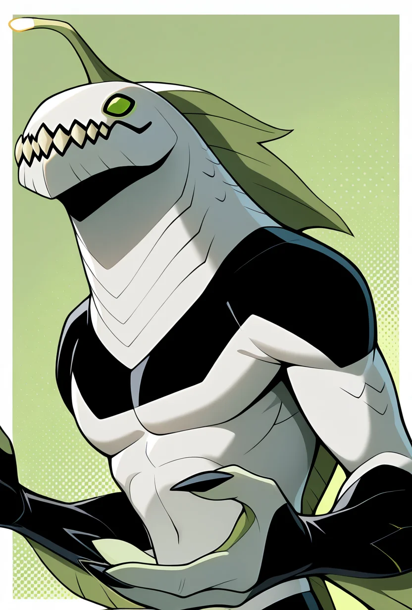 <lora:ripjawsov-10:1> ripjawsov, no humans, sharp teeth, teeth, colored skin, monster, pale skin, angler fish lure, , monster boy, claws, digimon (creature), fins, , square jaw, light green background, masterpiece, best quality, amazing quality, very aesthetic, absurdres, newest,, upper body, halftone effect, white borders, abstract background:1.2,