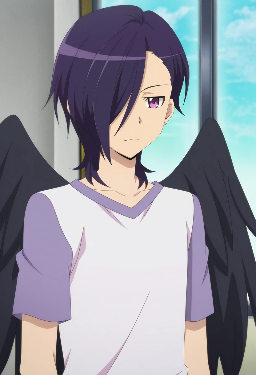 masterpiece, best quality, , anime screencap, anime coloring, official style,, 1boy, solo, male focus, <lora:hanzou_urushihara_ilxl:1>, hanzou_urushihara, purple hair, purple eyes, hair over one eye, short hair, black wings, ,