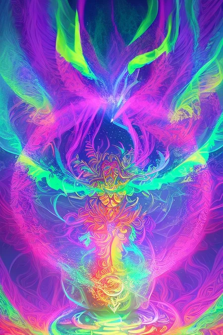 A shaman girl dances in the snow, beats a tambourine. The night sky with the aurora borealis (An image with very contrasting and vivid psychedelic colors) (OverallDetail, DaSa, psychedelic)
