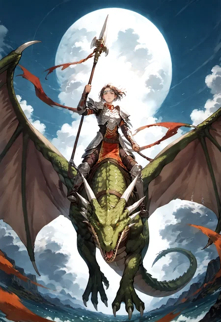 score_9,score_8_up,score_7_up,extreme detailed,zPDXL,sky,flying BREAK 1girl,
<lora:Pony_DetailV2.0:1> BREAK wyvern rider,wyvern,wings,dragon riding,dragon wings,armor,holding polearm,<lora:wyvern rider-pony:0.9>,fighting stance,close-up,