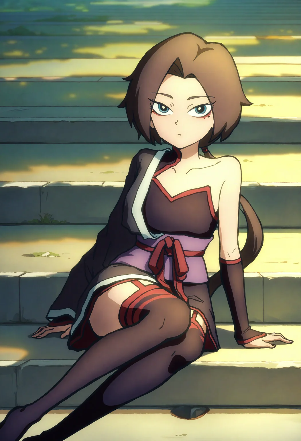 1girl,illustration.media,
eleven \(scissor seven\),
,scissor seven \(style\),anime coloring,
solo, full body, bare shoulders, collarbone, detached sleeves, garter straps, sash, strap socks, black thighhighs, sitting on stairs, arm support, outdoors, skirt, knees together feet apart, short hair, mole under eye, one mole, blue eyes, black pupils, low ponytail, long ponytail, parted bangs, red eyeshadow, stairs, looking at viewer, eyeshadow, makeup, thighhighs,
this work is part of the 'scientist seven' series, featuring a character named eleven. eleven is a young woman with dark brown hair and blue eyes, with a long ponytail and a mole under one eye. eleven is wearing a black and purple off shoulder dress, a red waistband, and black and red suspender socks.
safe,very awa,masterpiece,best quality,amazing quality,very aesthetic,absurdres,highres,newest,year 2024,
<lora:frz_wlq_v3_d_v3_noobaiXLNAIXLV101:1>