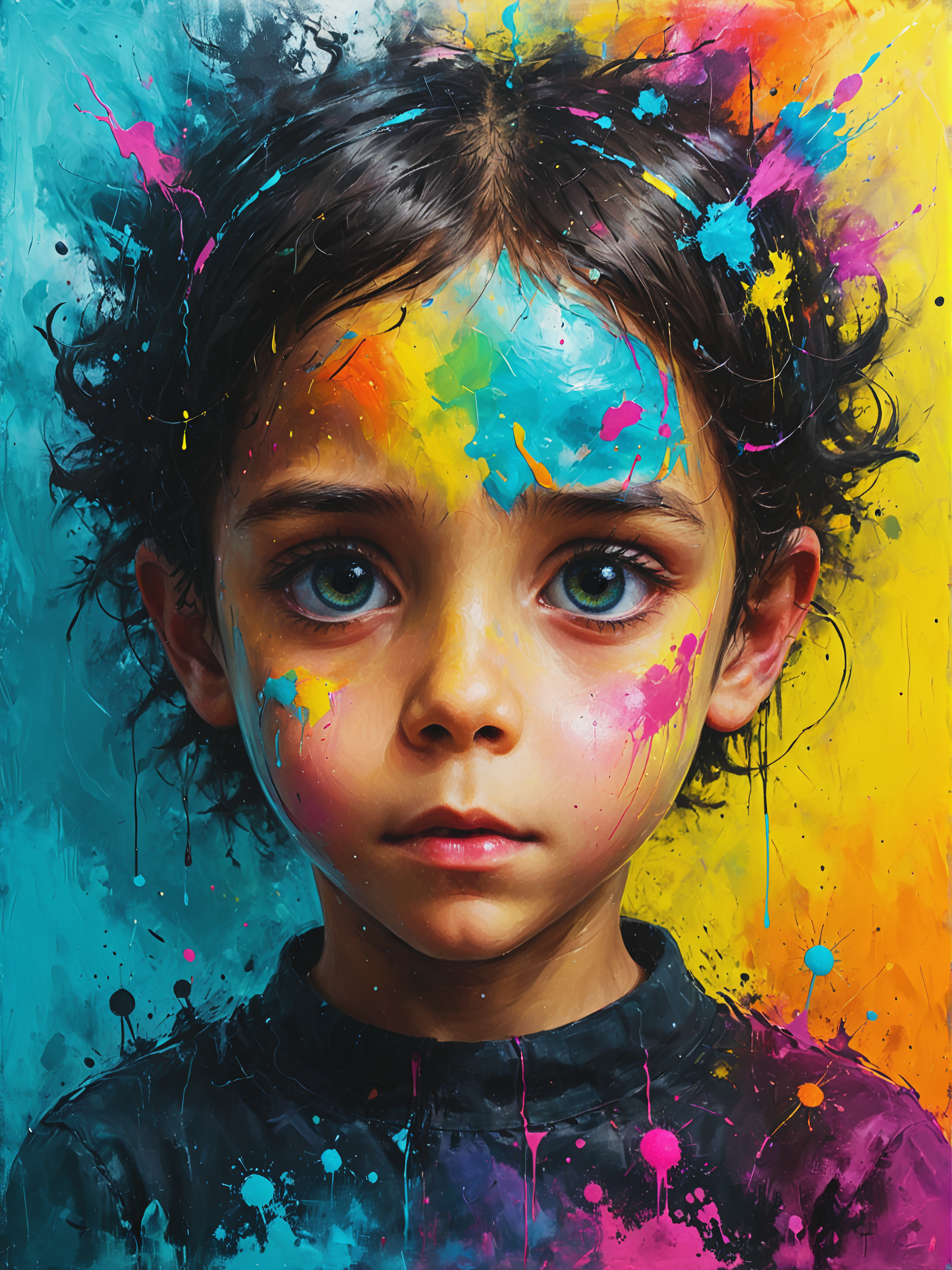 a Telepathic child prodigy with precognitive abilities in a AI therapist counseling inhabitants emotionally, ultra-fine digital painting, <lora:xl_more_art-full_v1:0.3>,  <lora:Desolation:0.6> <lora:gorgoeus_splash_of_vibrant_paint:0.7> Gorgeous splash of vibrant paint