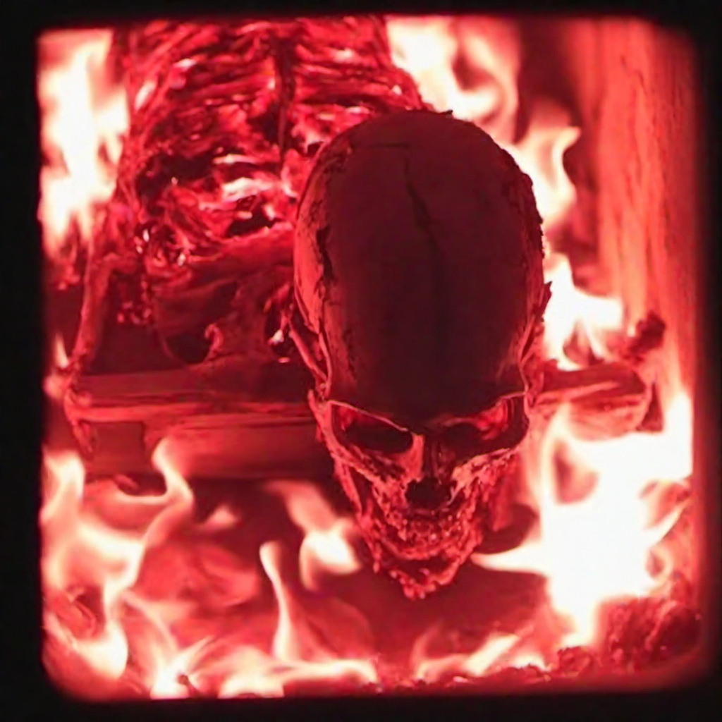 cinematic film, upright  red hot glowing skul inside a (dark:1.4) crematorium <lora:crematorium-000018:1>,  black background