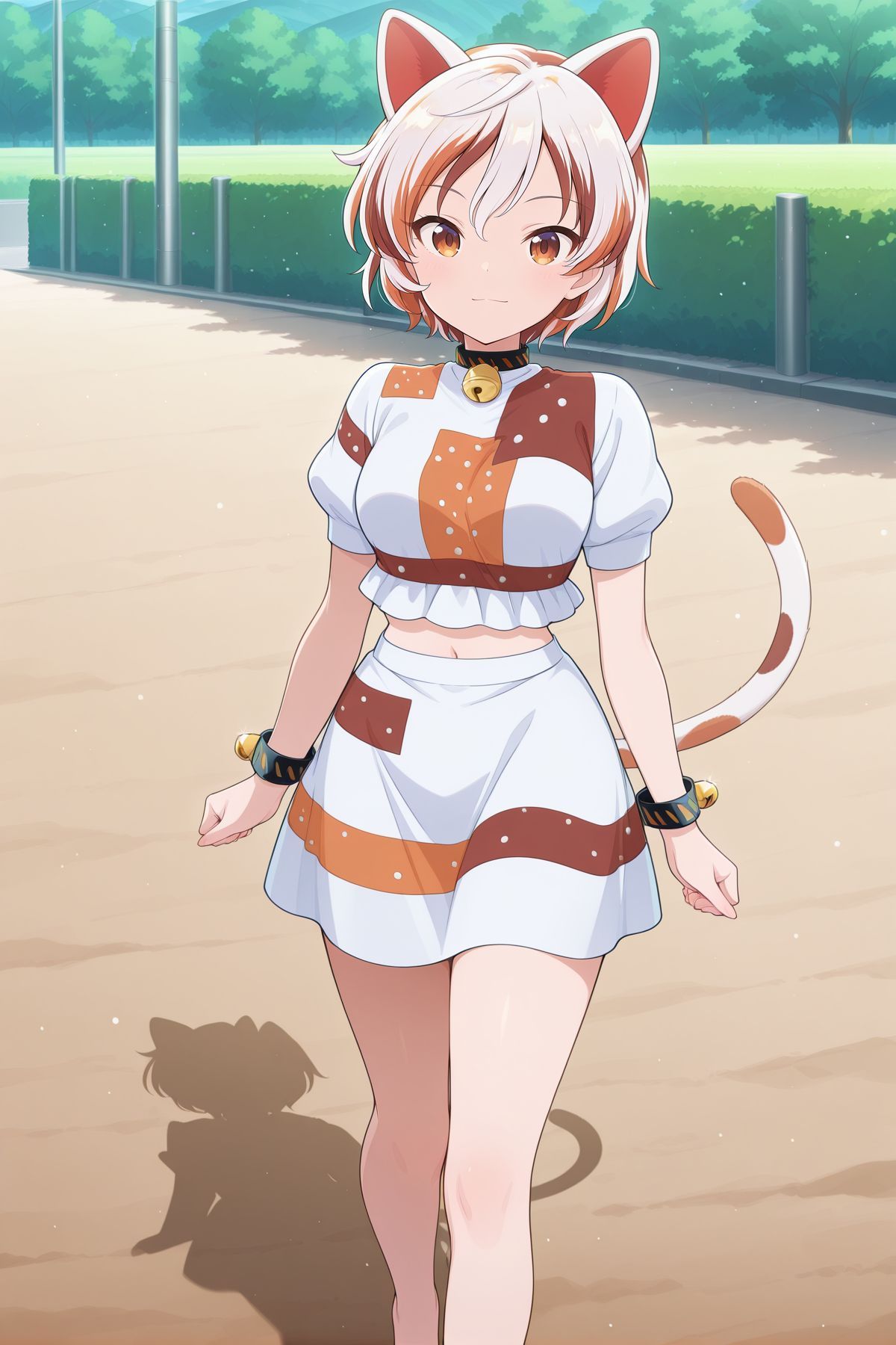 absurdres, highres, masterpiece, best quality, amazing quality, official anime artwork, screencap, anime screencap, outdoors, looking at viewer, light smile, dynamic pose, standing,
 <lora:Mike-Goutokuji_Illustrious:1> goutokuji mike, 1girl, solo, brown eyes, white hair, streaked hair, short hair, cat ears, cat tail, medium breasts,, neck bell, bell, bracelet, white shirt, patchwork clothes, puffy short sleeves, navel, white skirt, barefoot,