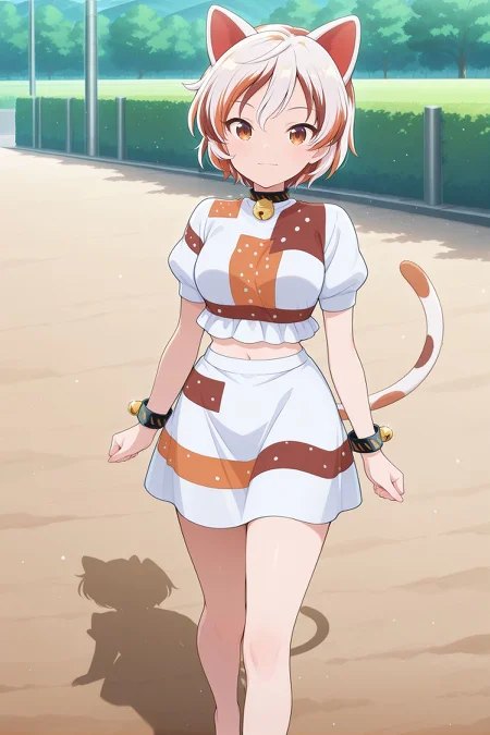 absurdres, highres, masterpiece, best quality, amazing quality, official anime artwork, screencap, anime screencap, outdoors, looking at viewer, light smile, dynamic pose, standing,
 <lora:Mike-Goutokuji_Illustrious:1> goutokuji mike, 1girl, solo, brown eyes, white hair, streaked hair, short hair, cat ears, cat tail, medium breasts,, neck bell, bell, bracelet, white shirt, patchwork clothes, puffy short sleeves, navel, white skirt, barefoot,