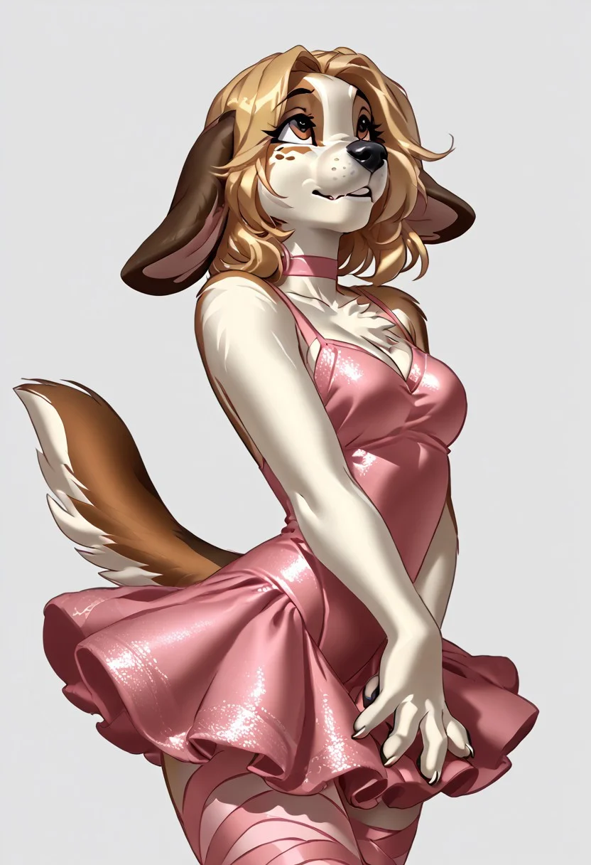 score_9, score_8_up, score_7_up, (by kittydee:1.5), (by jailbird:1.5), (by zummeng:1.5), masterpiece, best quality,
(Furry Art: Anthro: Basset Hound:1.5), 1girl, expressive eyes, feminine eyes, perfect face, feminine face, dog, canine, multicolored fur, white fur, brown fur, black fur, droppy long dog ears, floppy ears, blonde hair, pigtail hair, medium breasts, ballerina outfit,
