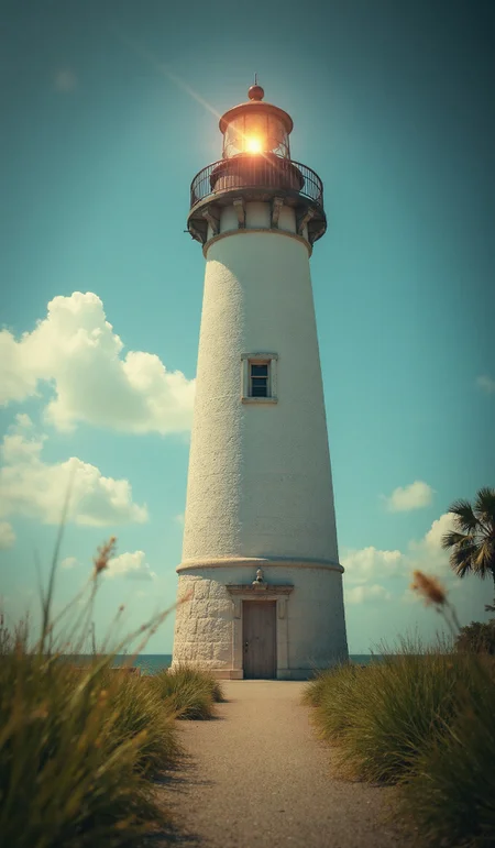 The Cape Florida Lighthouse in Bill Baggs State Park on Key Biscayne. The structure is the oldest in Miami-Dade county, built in 1825, selective focus. Dramatic unusual scene. Beauty world. Retro filter and vintage style. Instagram toning effect, breathtaking photograph, lensflare and bokeh effects, heavy film grain, shot on kodachrome with post-processing artifacts, reflecting particle effects, slight double exposure
