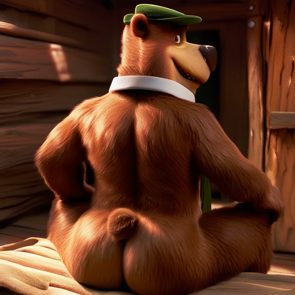 Score_7_up, score_8_up, score_9, Solo male, Yogi Bear, furry, detached collar, necktie, hat, rear view, from behind, sitting, big ass, looking back, wide hips, bear tail, presenting ass, smug, indoors, cabin,