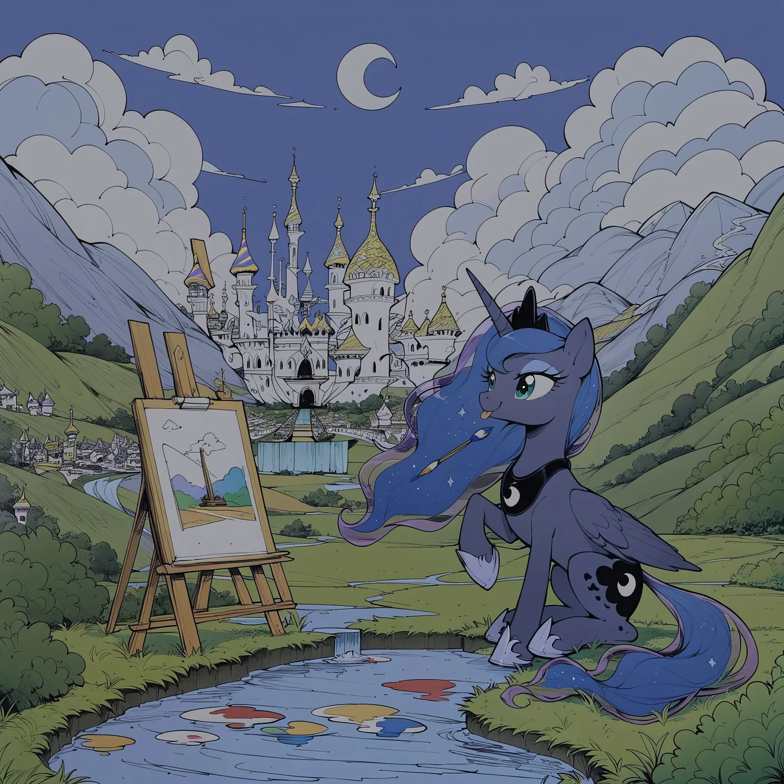 score_9, score_8_up, score_7_up, score_6_up, score_5_up, (night colors:1.1), princess luna, alicorn, pony, blue sky, bush, canterlot, canterlot castle, canvas, cloud, cloudy, drawing, easel, female, field, grass, hoof hold, hooves, horn, mare, outdoors, paint, paintbrush, painting, scenery, solo, tongue out, unshorn fetlocks, water, waterfall, wing hands, wings, telekinesis, glow, brush telekinesis