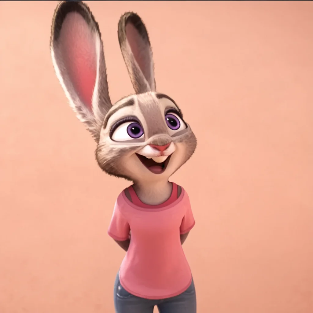 judyhopps happy, solo, pink shirt, jeans, arms at sides <lora:judyhopps-v1-ponyv6xl:1>