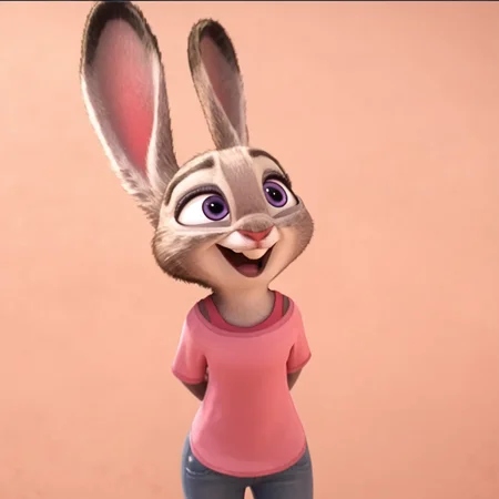 judyhopps happy, solo, pink shirt, jeans, arms at sides <lora:judyhopps-v1-ponyv6xl:1>