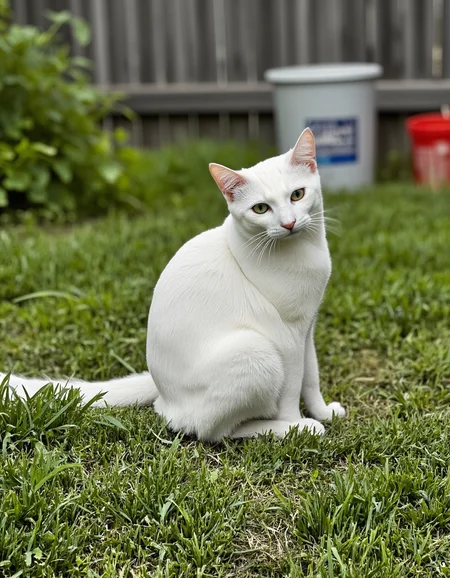 realistic photo of vanillacat, a white cat, ultra high quality, very detailed fur, sharp focus, highly detailed, <lora:uai_VanilyaCat_v102:1>, <lora:Backyard_Suburbs:1>, Backyard_Suburbs backyard background, fence, plants, buckets