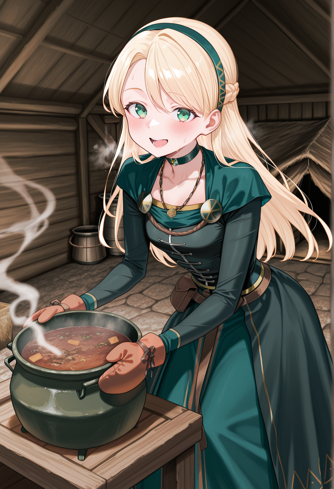 1girl, solo, blonde hair, green eyes, hairband, french braid, choker, german clothes, jewelry, capelet, dress, long sleeves, long skirt,  apron, frills, indoors, hut, holding nabe pot, smoke, mittens, smile, open mouth, looking at viewer,  <lora:Gerda_FGO_illus:1>, masterpiece, best quality, amazing quality, very aesthetic, absurdres, highres, newest