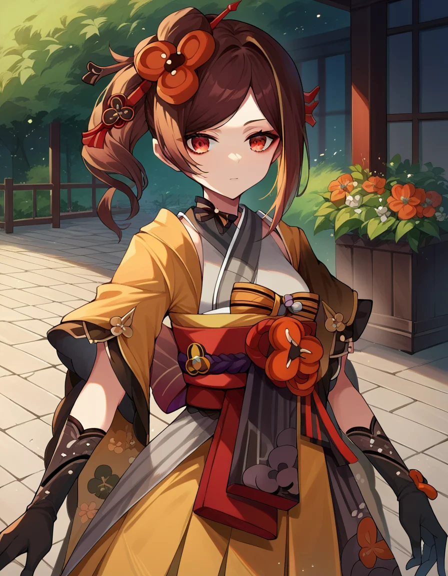 score_9, score_8_up, score_7_up, source_anime,
genshinchiori, <lora:genshin-chiori-ponyxl-lora-nochekaiser:1>,
chiori, brown hair, hair ornament, red eyes, flower, hair flower,
gloves, japanese clothes, sash, obi,
outdoors,
looking at viewer, cowboy shot, dutch angle, dynamic pose,